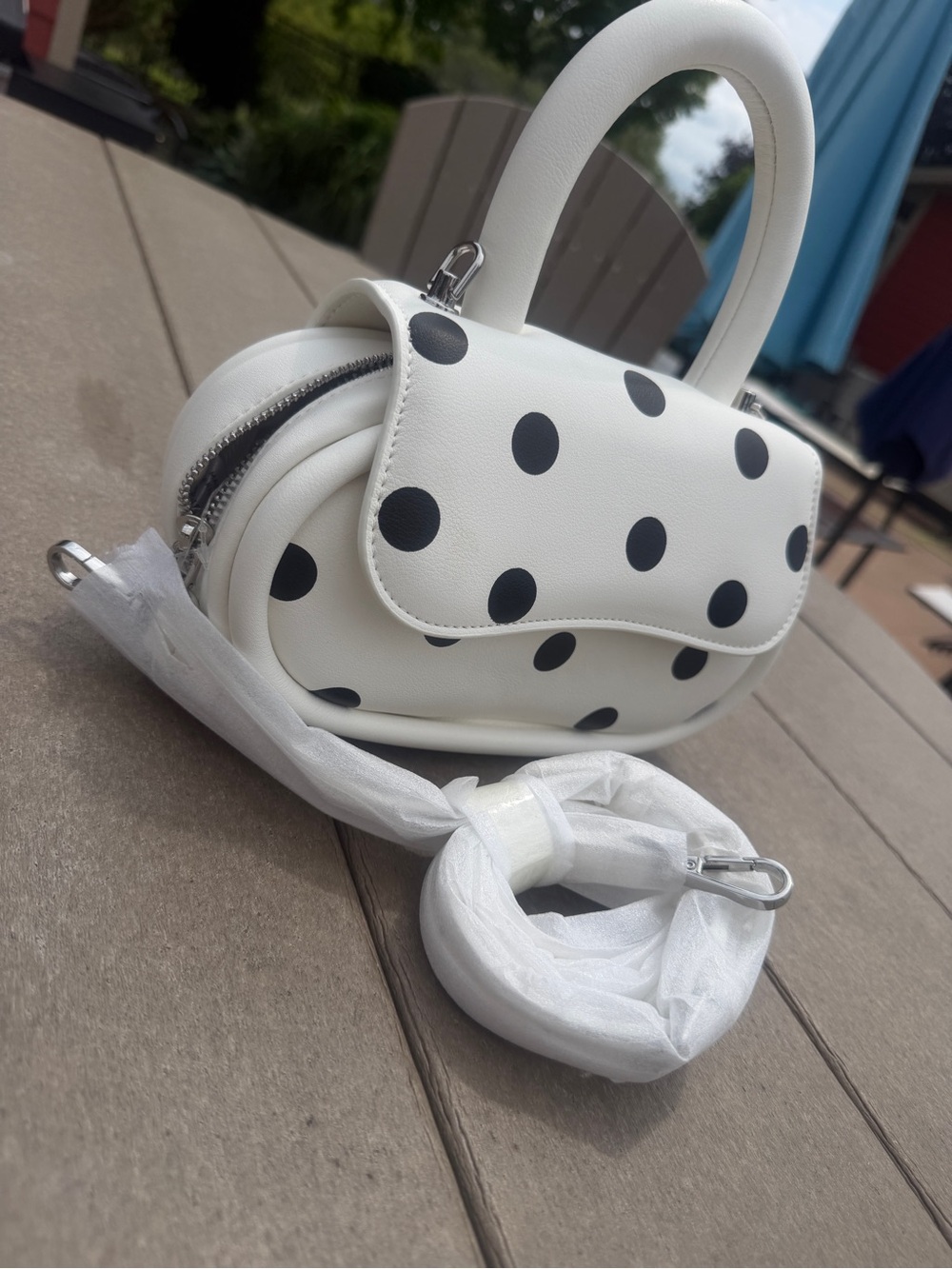 Melie Bianco White Black Polka Dot Top Handle Crossbody Bag NWT Vegan
